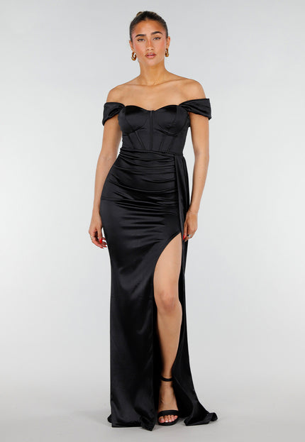 NEW200526 Zwarte Satin Off Shoulder Stretch Galajurk