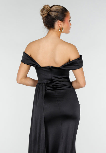 NEW200526 Zwarte Satin Off Shoulder Stretch Galajurk