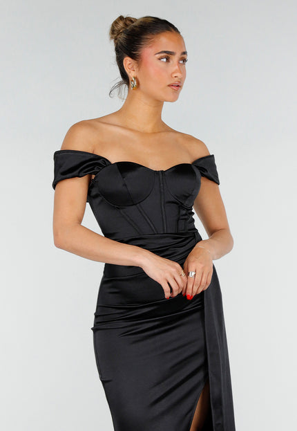 NEW200526 Zwarte Satin Off Shoulder Stretch Galajurk