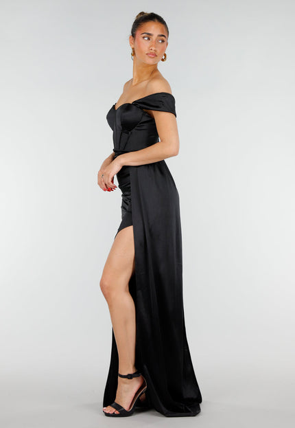 NEW200526 Zwarte Satin Off Shoulder Stretch Galajurk
