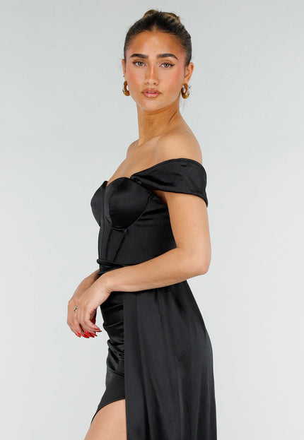 NEW200526 Zwarte Satin Off Shoulder Stretch Galajurk