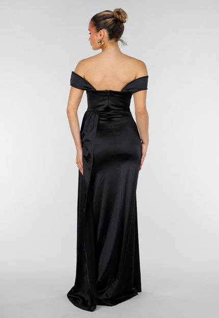 NEW200526 Zwarte Satin Off Shoulder Stretch Galajurk