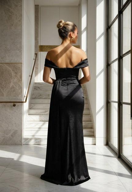 NEW200526 Zwarte Satin Off Shoulder Stretch Galajurk