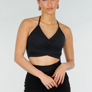 NEW200526 Zwarte Stretch Crop Top met Wrapdetail