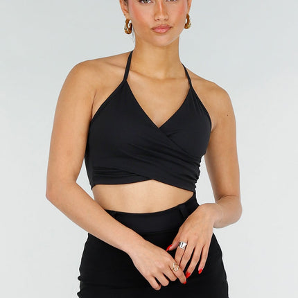 NEW200526 Zwarte Stretch Crop Top met Wrapdetail