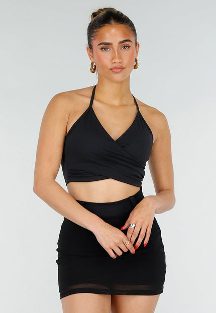 NEW200526 Zwarte Stretch Crop Top met Wrapdetail