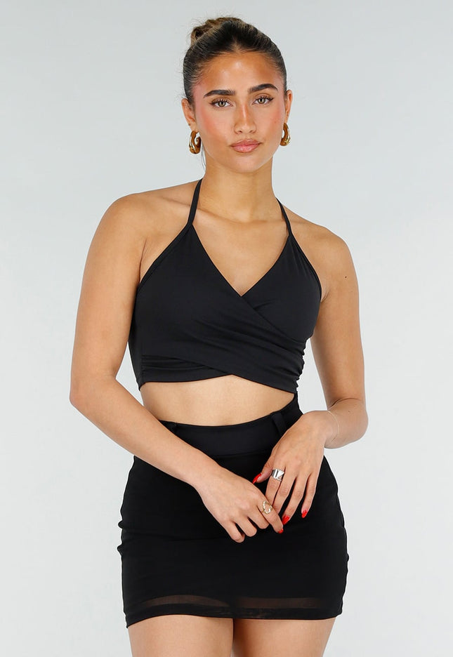 NEW200526 Zwarte Stretch Crop Top met Wrapdetail