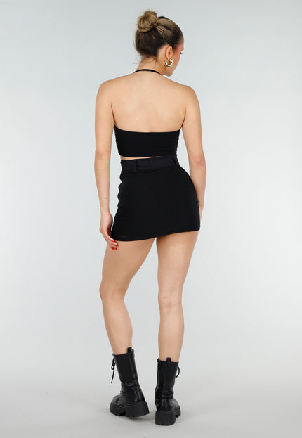 NEW200526 Zwarte Stretch Crop Top met Wrapdetail