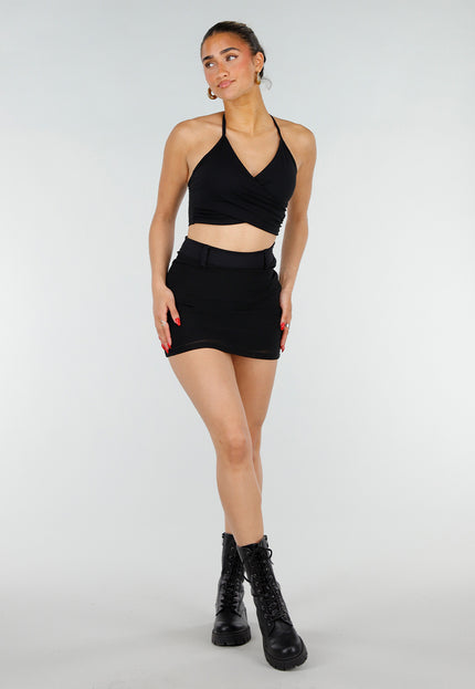 NEW200526 Zwarte Stretch Crop Top met Wrapdetail