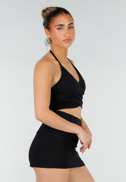 NEW200526 Zwarte Stretch Crop Top met Wrapdetail