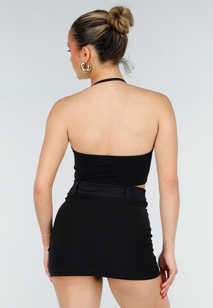 NEW200526 Zwarte Stretch Crop Top met Wrapdetail