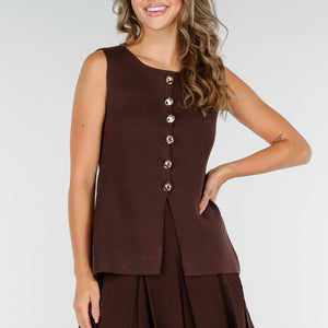 NEW200825 Donkerbruine Top met Knopen