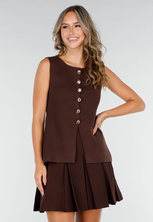 NEW200825 Donkerbruine Top met Knopen