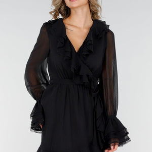 NEW200825 Zwarte Wikkeljurk met Kant