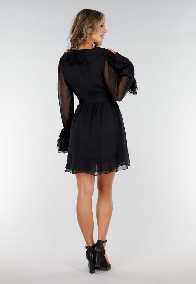 NEW200825 Zwarte Wikkeljurk met Kant