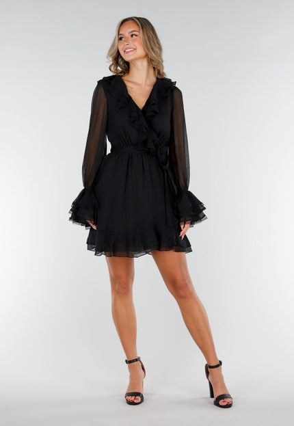 NEW200825 Zwarte Wikkeljurk met Kant