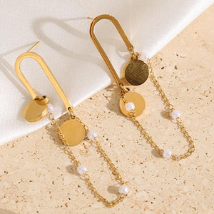 NEW2009 Gouden Parel Oorhangers met Kettinkje