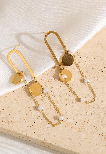 NEW2009 Gouden Parel Oorhangers met Kettinkje