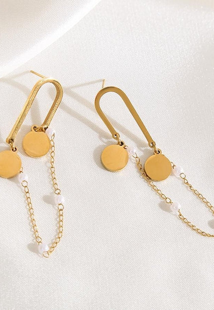 NEW2009 Gouden Parel Oorhangers met Kettinkje