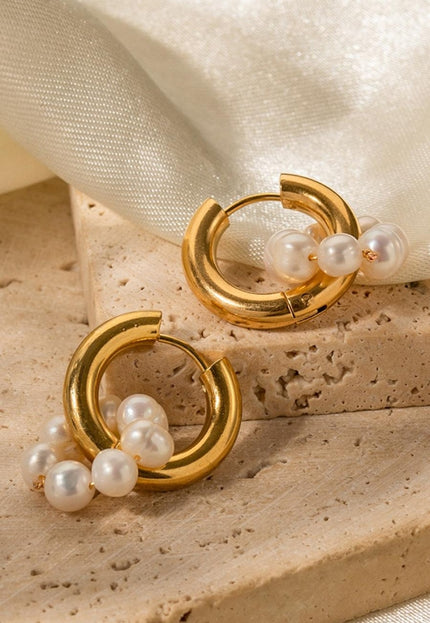 NEW2009 Gouden Stainless Oorbellen met Witte Parels