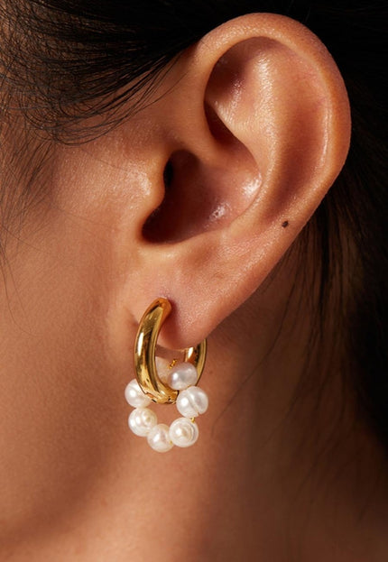 NEW2009 Gouden Stainless Oorbellen met Witte Parels