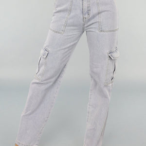 NEW2009 Rechte Denim Cargo Jeans met Hoge Taille