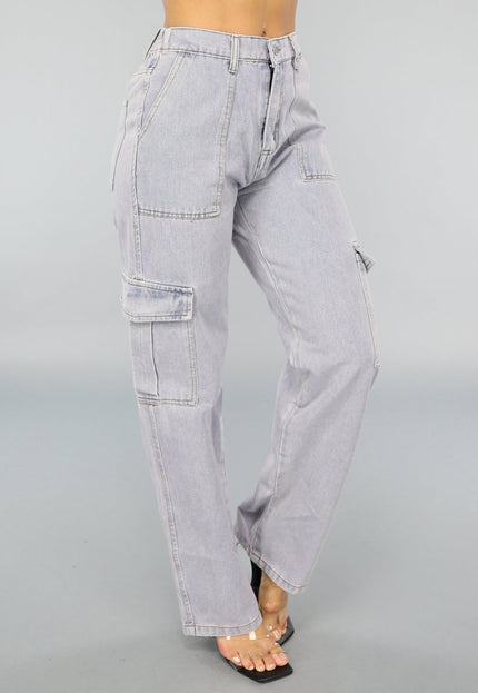 NEW2009 Rechte Denim Cargo Jeans met Hoge Taille