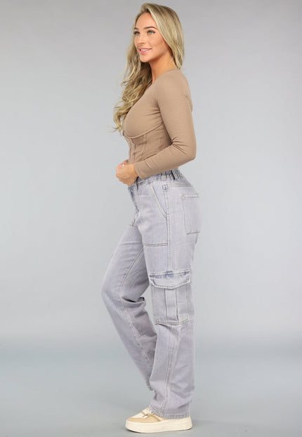 NEW2009 Rechte Denim Cargo Jeans met Hoge Taille