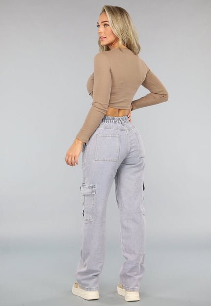 NEW2009 Rechte Denim Cargo Jeans met Hoge Taille