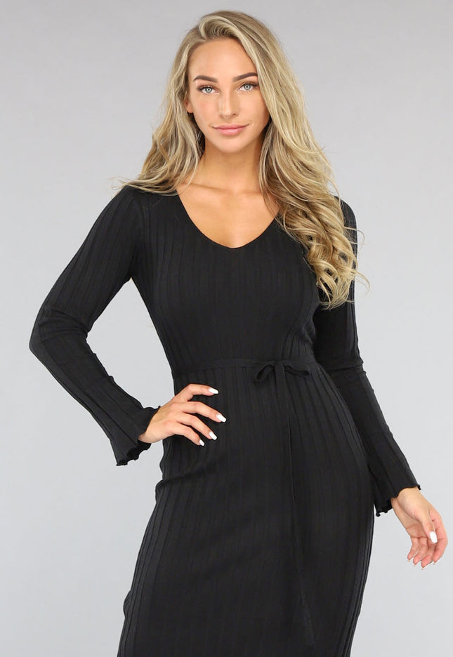 NEW2009 Zwarte Lange Getailleerde Jurk met Grove Rib