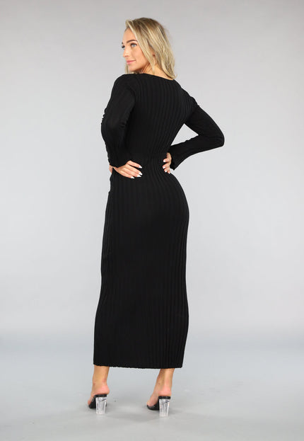 NEW2009 Zwarte Lange Getailleerde Jurk met Grove Rib