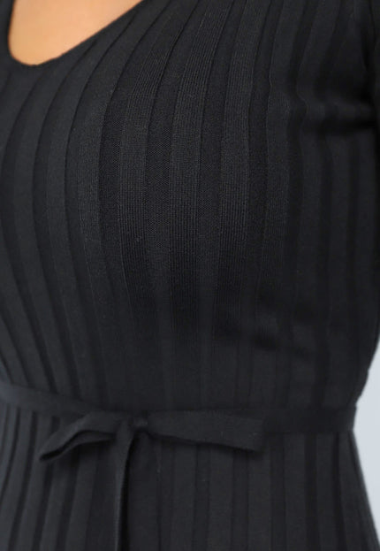 NEW2009 Zwarte Lange Getailleerde Jurk met Grove Rib