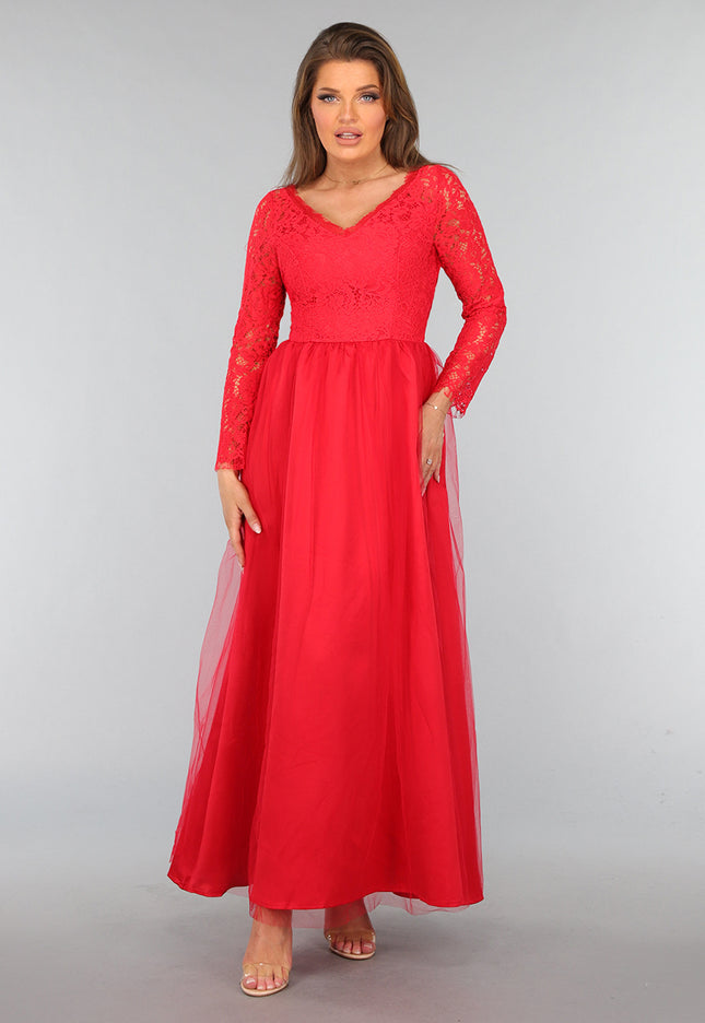 OP=OP.AV.12 Rode Tule Jurk met Kanten Lijfje