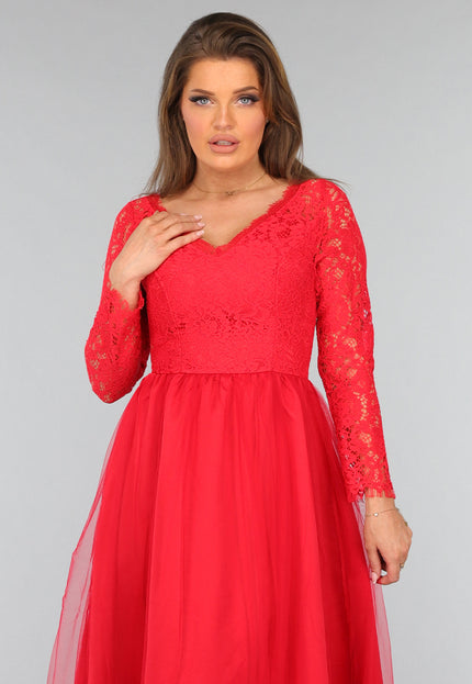 OP=OP.AV.12 Rode Tule Jurk met Kanten Lijfje