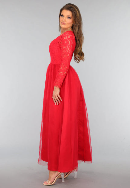 OP=OP.AV.12 Rode Tule Jurk met Kanten Lijfje