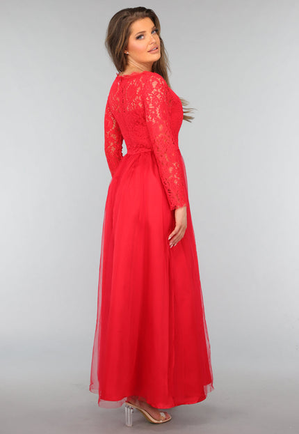 OP=OP.AV.12 Rode Tule Jurk met Kanten Lijfje