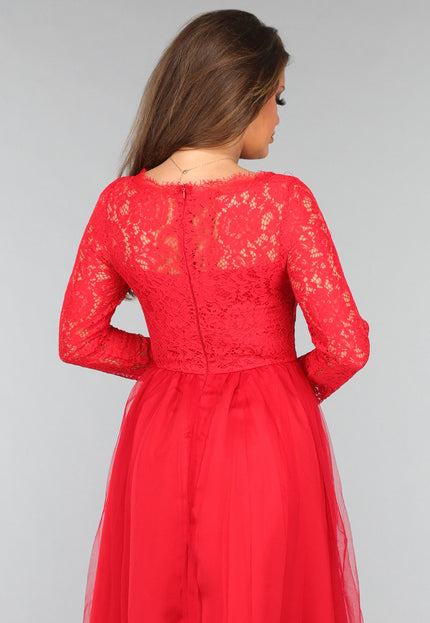 OP=OP.AV.12 Rode Tule Jurk met Kanten Lijfje