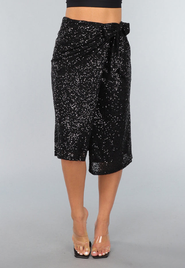 OP=OP.AV.12 Sequin Midi Wikkelrok in Zwart