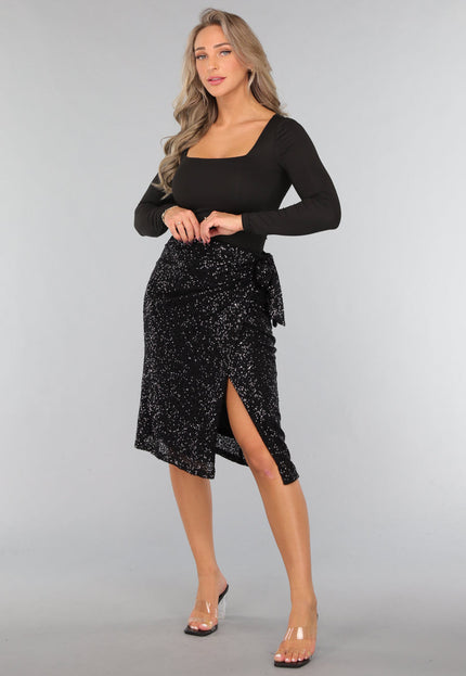 OP=OP.AV.12 Sequin Midi Wikkelrok in Zwart