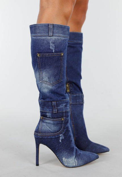 NEW210126 Denim Look Knielaarzen met Stiletto Hak