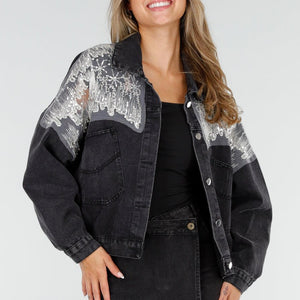 NEW210126 Donkergrijze Glitter Spijkerjas