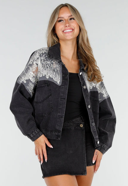 NEW210126 Donkergrijze Glitter Spijkerjas