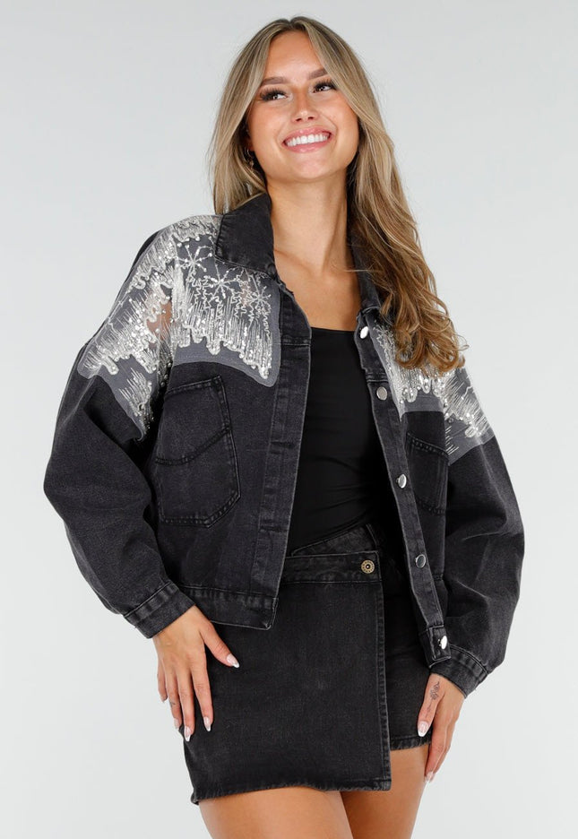 NEW210126 Donkergrijze Glitter Spijkerjas