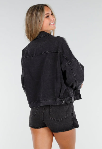 NEW210126 Donkergrijze Glitter Spijkerjas