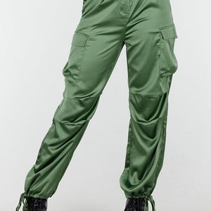 NEW210126 Groene Satin Look Cargo Broek
