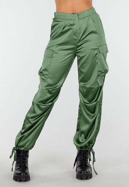 NEW210126 Groene Satin Look Cargo Broek