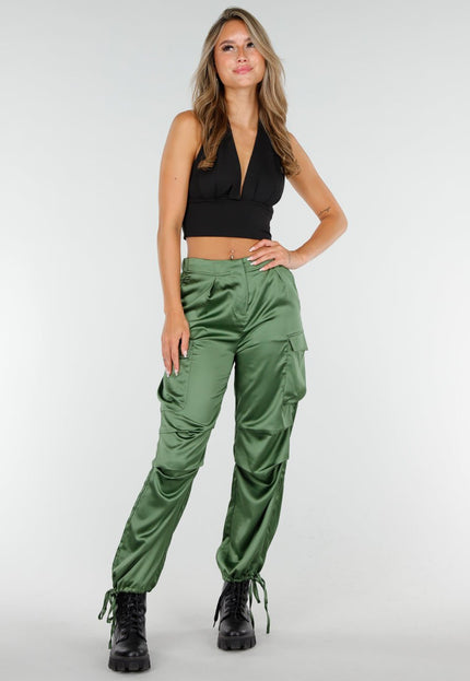 NEW210126 Groene Satin Look Cargo Broek