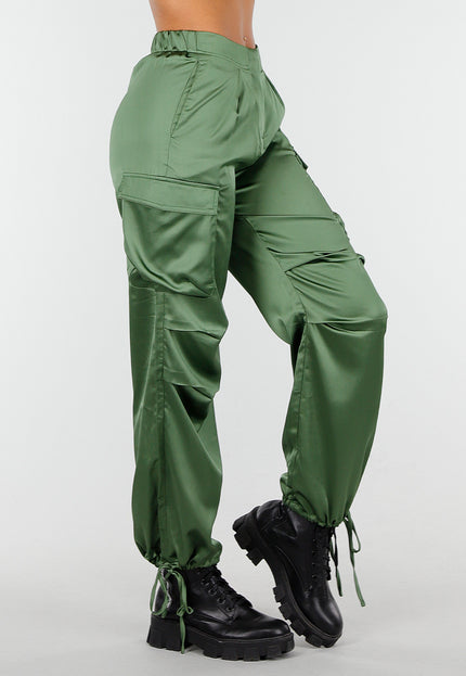 NEW210126 Groene Satin Look Cargo Broek