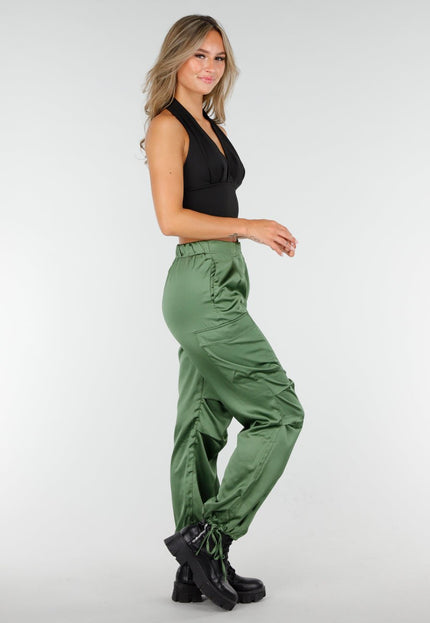 NEW210126 Groene Satin Look Cargo Broek
