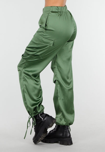NEW210126 Groene Satin Look Cargo Broek